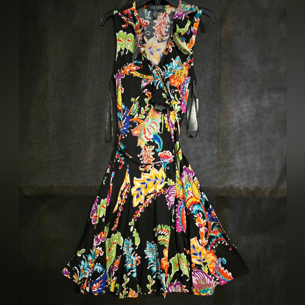 NEW Lauren Ralph Lauren petite ruffle front faux wrap dress.